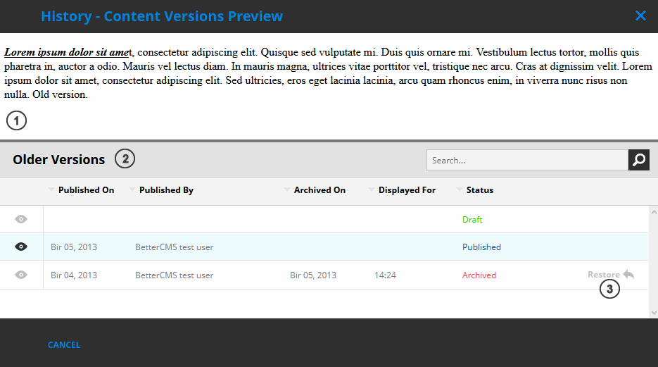 Content versions window