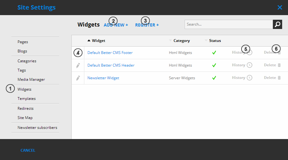 Site Settings - Widgets